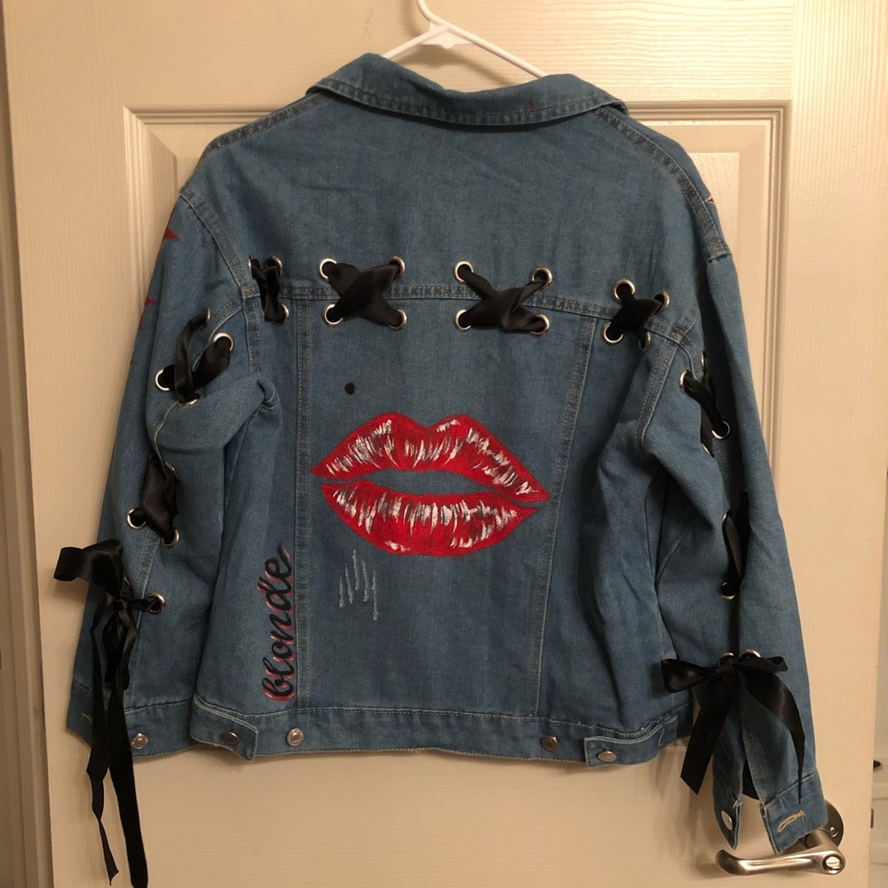 Hand painted blonde denim jacket with lace up
